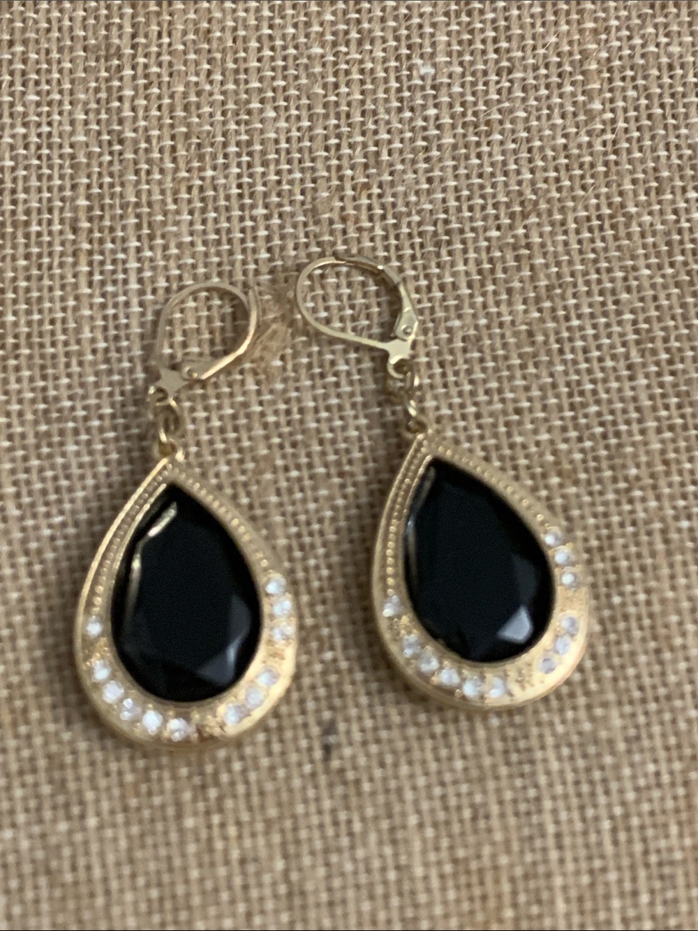 Gold Teardrop Earrings with Black Stone and Crystal Accents
